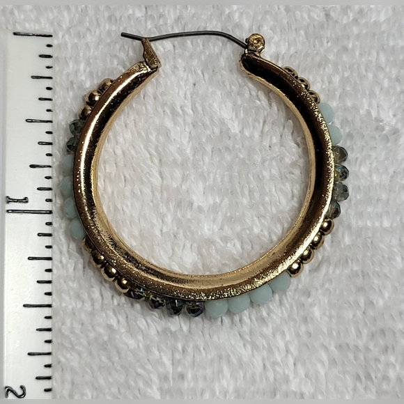 Blue, Teal and Gold Beaded Hoop Earrings / Pierced - Picture 3 of 5